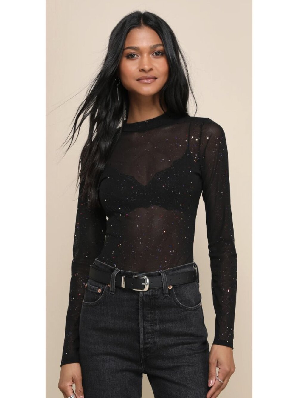 LULUS Strike an Attitude Black Mesh Multi Embellished Bodysuit Med Goth Baddie